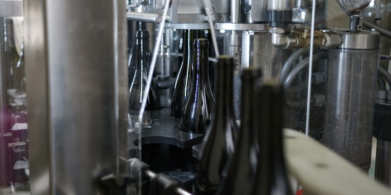 fase di imbottigliamento del vino, particolare della macchina e le bottiglie