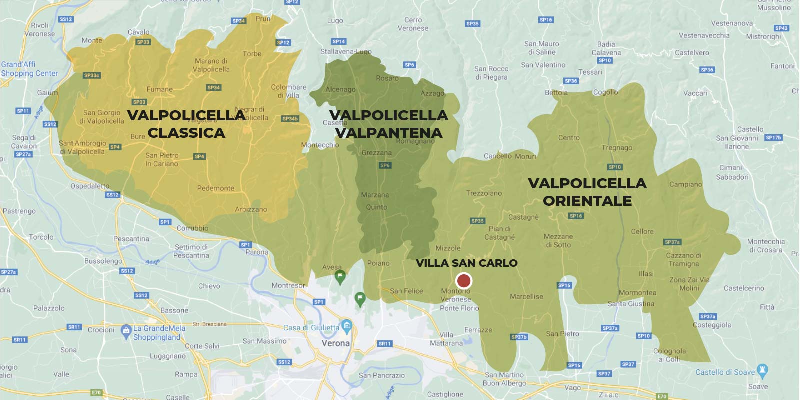 Mappa della provincia di Verona dove vengono evidenziate le zone del Valpolicella Classico, del Valpolicella Valpantena e del Valpolicella Orientale