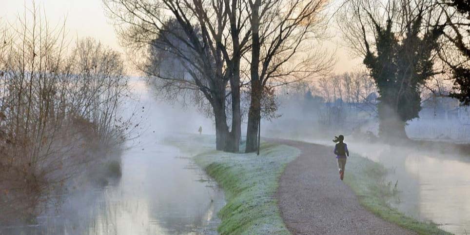sagoma di una ragazza che corre in una strada immersa nella natura con canali ai lati e nebbia